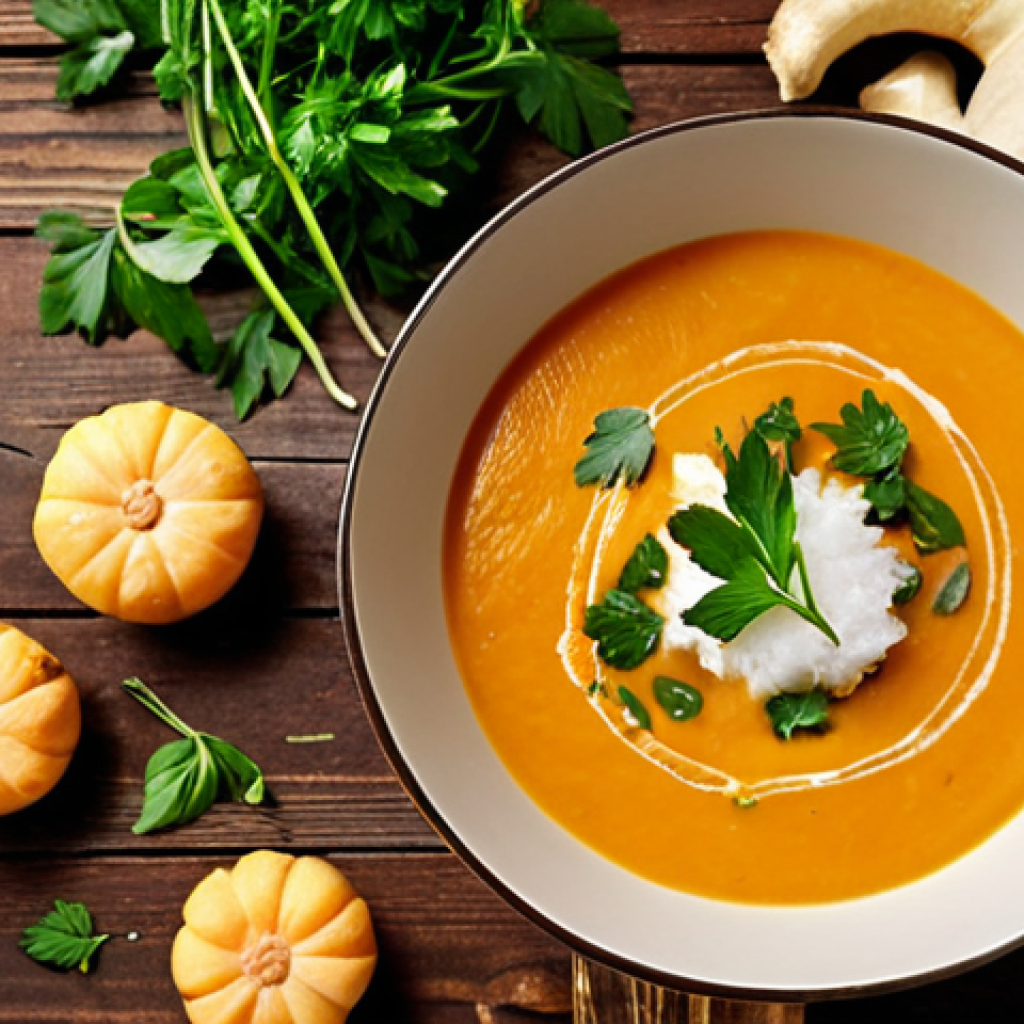 **A steaming bowl of butternut squash soup with ginger and coconut milk, garnished with fresh herbs, on a rustic wooden table.** (Focuses on the creative soup combination).
