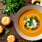 **A steaming bowl of butternut squash soup with ginger and coconut milk, garnished with fresh herbs, on a rustic wooden table.** (Focuses on the creative soup combination).