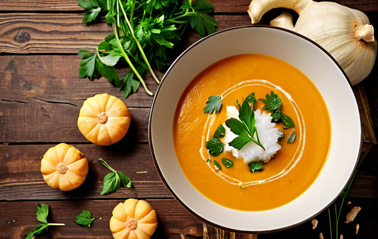 **A steaming bowl of butternut squash soup with ginger and coconut milk, garnished with fresh herbs, on a rustic wooden table.** (Focuses on the creative soup combination).