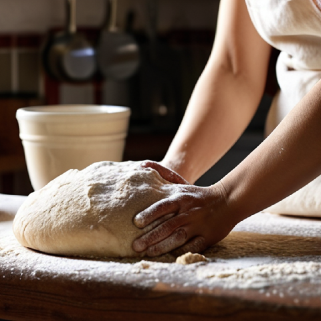 A cozy kitchen scene with warm lighting. Focus on a person mindfully kneading dough, with ingredients like flour, yeast, and a wooden bowl nearby. Emphasize the sensory experience – the textures of the dough, the aroma suggested by the ingredients, and a sense of calm and focus. Soft, diffused light.